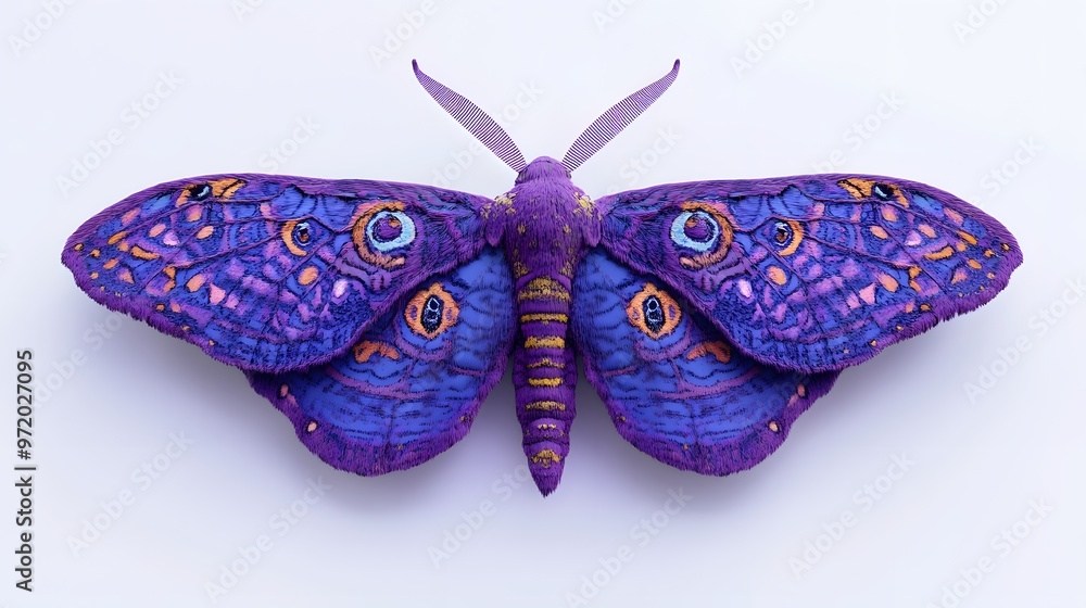 Poster 92. a realistic 3d render of a vibrant purple moth with intricate patterns, isolated on a pristine w