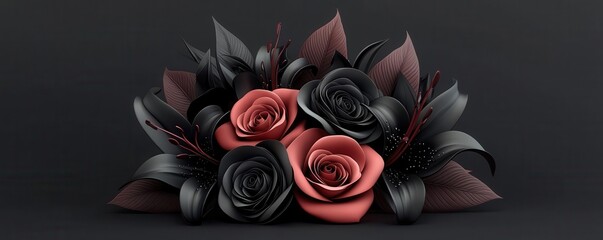 Gothic Halloween bouquet, dark roses and black lilies, 3D illustration