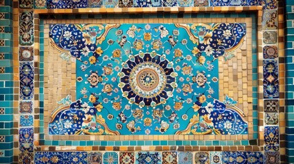 Fototapeta premium Traditional Persian mosaic wall with geometric ornaments in square frame with colorful ceramic tiles generative ai
