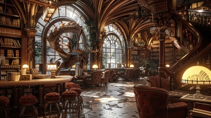 Obraz premium Fantasy Dragon Library Interior Design