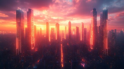 Fototapeta premium A futuristic city at twilight, illuminated by pulsing neon lines that represent the constant flow of data and electricity. The skyline is alive with digital energy,