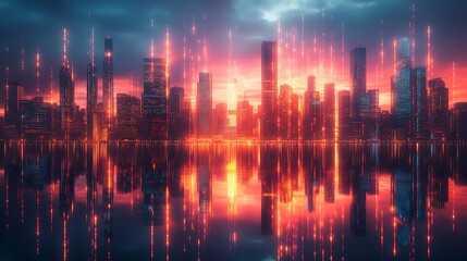 Fototapeta premium A futuristic city at twilight, illuminated by pulsing neon lines that represent the constant flow of data and electricity. The skyline is alive with digital energy,
