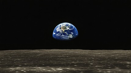 A view of the Earth from the surface of the moon, showing the planet's blue oceans and continents against the black void of space.