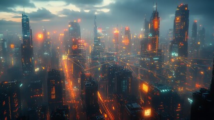 A futuristic city glowing with digital energy, where interconnected communication lines crisscross between towering skyscrapers, public spaces, and transportation routes.