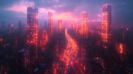 Fototapeta premium A futuristic city glowing with digital networks that power communication and transportation systems, seen from a drone’s perspective. The neon-lit web of connectivity stretches across skyscrapers,