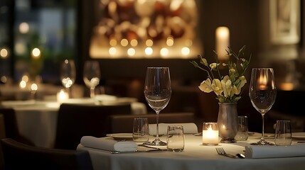Refined restaurant setting with stylish seating and candlelit tables, creating an upscale ambiance.