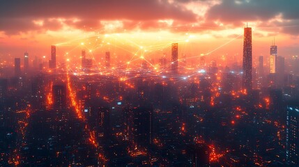 Fototapeta premium A futuristic city glowing with neon data lines connecting mobile devices, homes, and skyscrapers. The skyline pulses with digital energy,