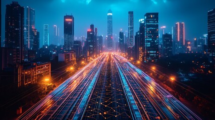 A futuristic city illuminated by glowing communication networks connecting elevated highways, smart trains, and sleek glass skyscrapers.