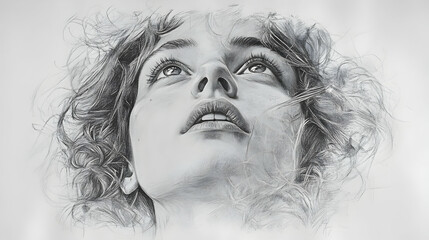 Fototapeta premium Realistic Pencil Drawing of Woman Looking Up