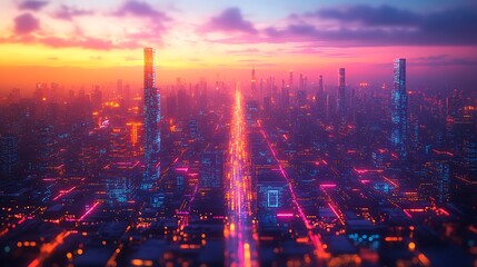 Fototapeta premium A futuristic city powered by artificial intelligence, with vibrant neon data circuits running through streets and buildings. The AI-driven network creates a seamless flow of data,