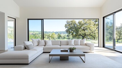 A luxurious living area with a large sectional sofa, contemporary coffee table, and oversized windows offering a scenic view. The image is captured with deep depth of field, leaving ample copy space