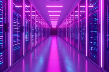 Fototapeta premium Futuristic Data Hub Passageway, sleek metallic walls, pulsating neon lights, advanced technology integration, dynamic energy flow, innovative design, immersive digital environment