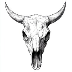 Black and white Vintage engraved art of a cow skull, isolated on white background, ink sketch illustration, simple vector art design, highly detailed line art, high contrasty 