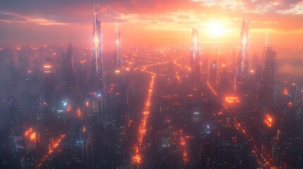 Fototapeta premium A futuristic city seen from above, with communication hubs emitting pulses of light that flow like waves across the skyline.