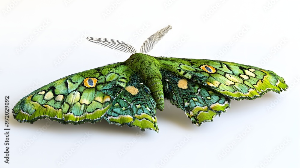 Aufkleber 81. a detailed 3d render of a vibrant green moth with intricate patterns, isolated on a pristine whi