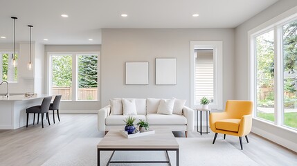 Fototapeta premium A bright, open-concept living room with a modern sofa, coffee table, and accent chairs, set against a neutral background. The image is fully in focus with deep depth of field, offering space for text