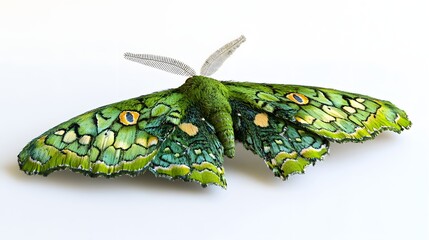 81. A detailed 3D render of a vibrant green moth with intricate patterns, isolated on a pristine white background