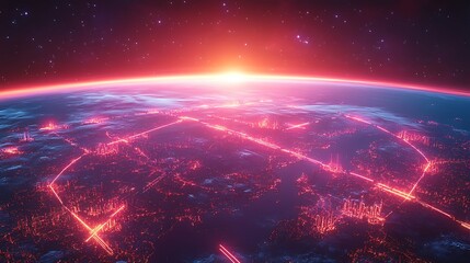 Obraz premium A futuristic global city viewed from orbit, with continents interconnected by glowing data streams forming a web of communication across the planet. The neon-lit lines pulse with energy,