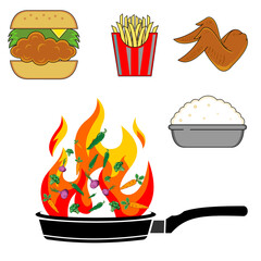 Hamburger, French Fries, chicken wing, a bowl of rice and a pan cooking vegetables