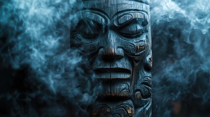 Close-up of a carved wooden totem with eerie faces, set against a shadowy, mist-filled background with soft, dramatic lighting, Copy space, happy Halloween special background, haunted decor