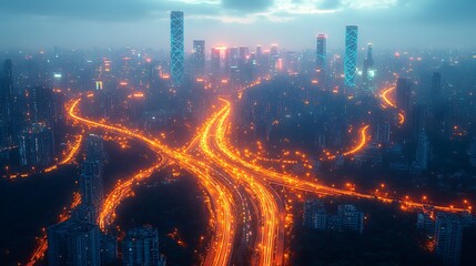 A futuristic smart city from above, glowing communication networks forming intricate patterns between skyscrapers and highways. The neon-lit city reflects vibrant digital lines,