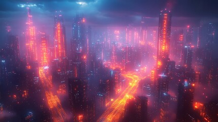 Fototapeta premium A futuristic urban center illuminated by a web of interconnected digital networks, with glowing data lines linking smart buildings and roads. The city’s skyline shines with vibrant neon colors,