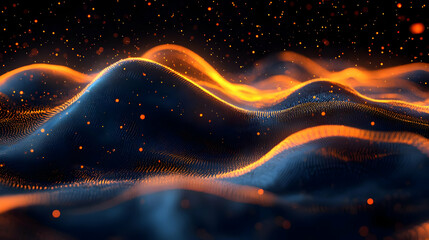 Obraz premium Abstract Wavy Digital Landscape with Orange Glowing Particles