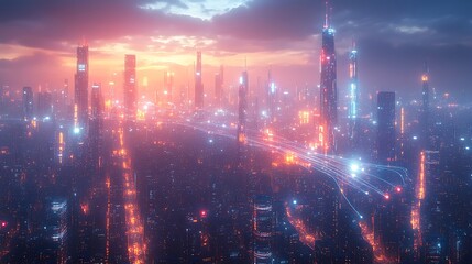 Fototapeta premium A futuristic urban landscape at night, with glowing data cables and wireless signals connecting every building and street. The digital infrastructure pulses with energy,