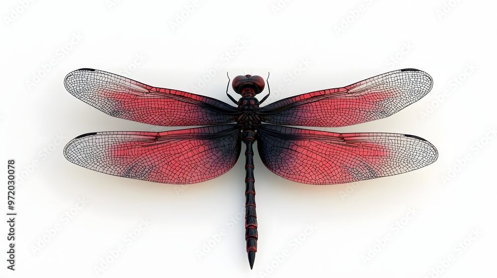 Poster 86. a realistic 3d render of a vibrant red and black dragonfly with intricate wings, isolated on a p