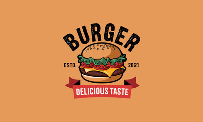 Fototapeta premium Delicious burger logo with cheese, lettuce, and tomatoes, established 2021.