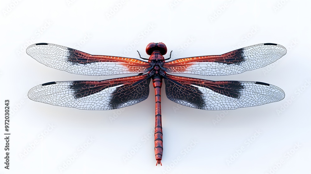 Poster 86. a realistic 3d render of a vibrant red and black dragonfly with intricate wings, isolated on a p
