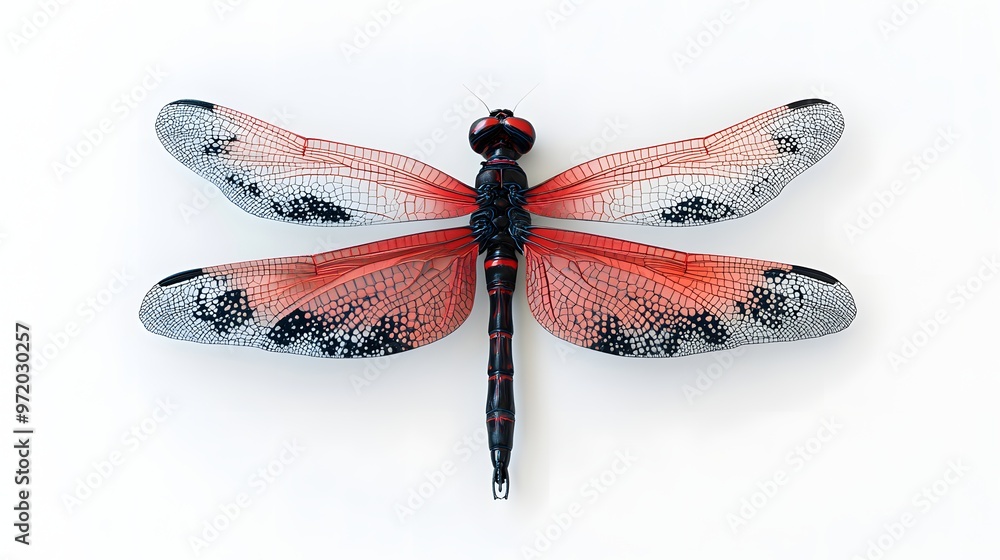 Poster 86. a realistic 3d render of a vibrant red and black dragonfly with intricate wings, isolated on a p