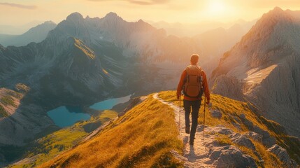 Fototapeta premium A lone hiker walks along a mountain ridge, taking in the breathtaking view of the valley below as the sun sets on the horizon.