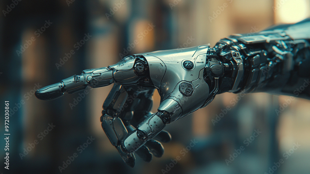 Poster a futuristic robotic hand reaching out in a technologically advanced setting