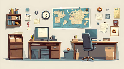 Cartoon Office Desk with World Map and Supplies