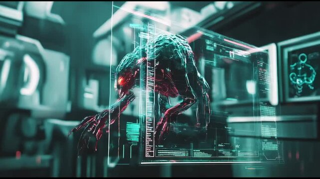 Futuristic Sci-Fi Laboratory with Holographic Display of a Cybernetic Alien Creature &ndash; High-Tech Digital Interface in a Neon-Lit Science Fiction Environment