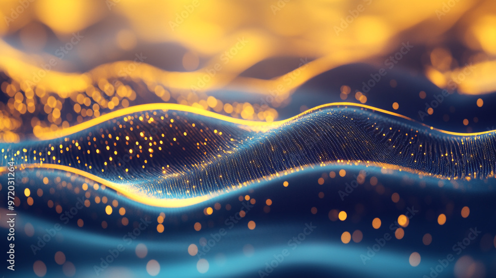 Poster dynamic illustration of shimmering waves with golden particles reflecting light in a serene setting