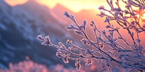 Fototapeta premium Close-up of frosted branches with the towering snow-covered mountains glowing in the distance during sunrise
