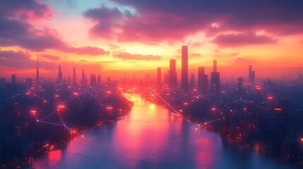 Naklejka premium A modern city at twilight, with pulsing neon data streams visibly connecting homes, mobile devices, and businesses. The skyline reflects the glow of the digital network,