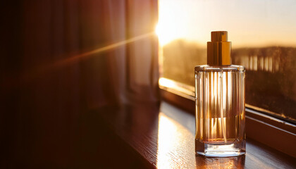 spray bottle of perfume on windows side at afternoon