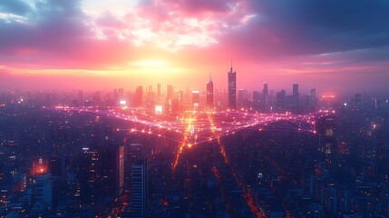 Fototapeta premium A modern city at twilight, with pulsing neon data streams visibly connecting homes, mobile devices, and businesses. The skyline reflects the glow of the digital network,
