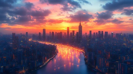 Fototapeta premium A modern city at twilight, with pulsing neon data streams visibly connecting homes, mobile devices, and businesses. The skyline reflects the glow of the digital network,