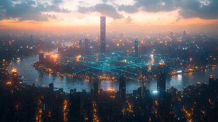 Fototapeta premium A modern city viewed from above, where glowing blue and green lines represent data streams connecting the urban landscape. The digital web creates a futuristic atmosphere,