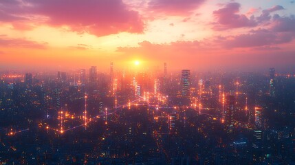 Obraz premium A modern cityscape glowing with digital energy as the sun sets, with illuminated data streams connecting wireless towers and smart homes. The sunset creates a vibrant sky of pink, orange, and purple,