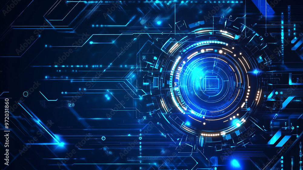 Poster futuristic circular design featuring glowing blue elements and digital patterns