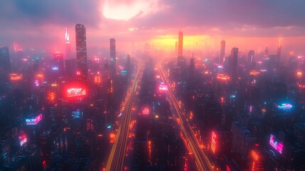 Fototapeta premium A modern metropolis glowing with interconnected data lines, connecting high-tech highways, smart trains, and towering skyscrapers.