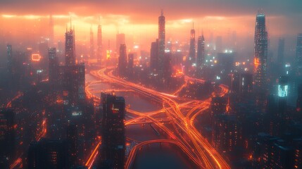 Fototapeta premium A modern metropolis glowing with interconnected data lines, connecting high-tech highways, smart trains, and towering skyscrapers.