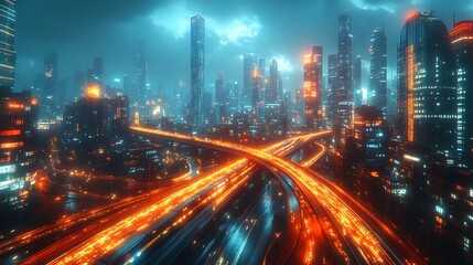 Fototapeta premium A modern metropolis with visible glowing communication networks connecting elevated highways, high-speed trains, and sleek skyscrapers. The illuminated data streams pulse across the urban landscape,