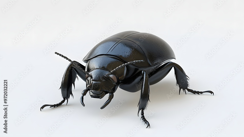 Poster 77. a realistic 3d render of a black beetle with subtle color variations, isolated on a pristine whi