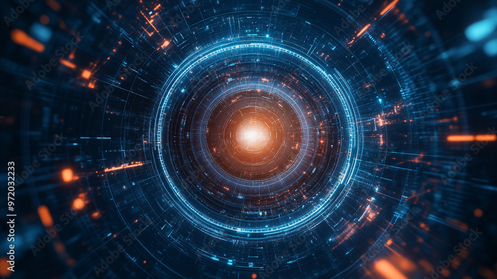 Poster dynamic abstract illustration of a glowing vortex with circular patterns and glowing lines